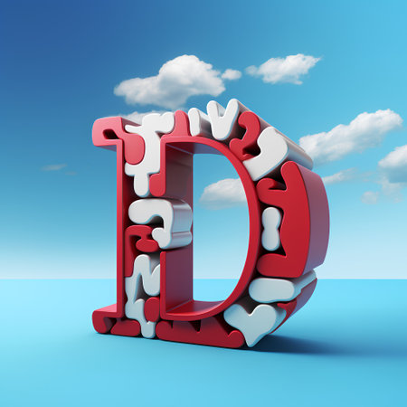 Alphabet letter D in cloudy sky background. 3D Render Illustrationの素材