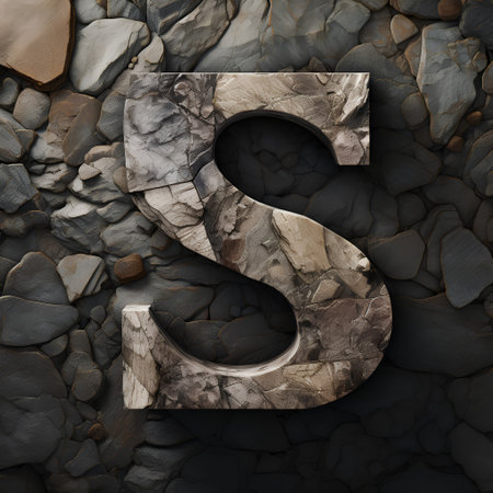 Stone letter S. 3D render font with cracked stone texture.の素材