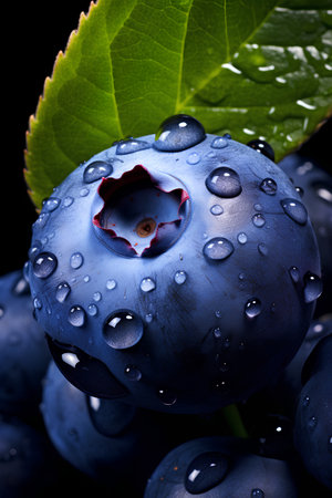 Blueberries with water drops on a black background. Shallow DOF.の素材