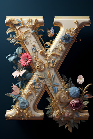Luxury golden capital letter K with flowers. 3D renderの素材