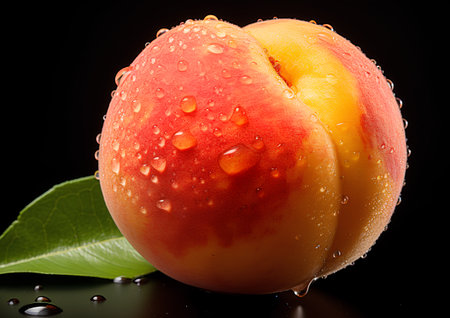 Ripe apricot with water drops on a black background.の素材