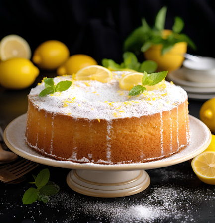 Lemon bundt cake with fresh lemons and mint on black backgroundの素材