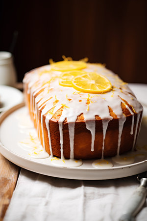 Lemon bundt cake with lemon glaze on a wooden backgroundの素材
