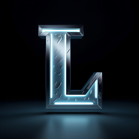 Glowing metallic letter L isolated on black background, 3D renderingの素材