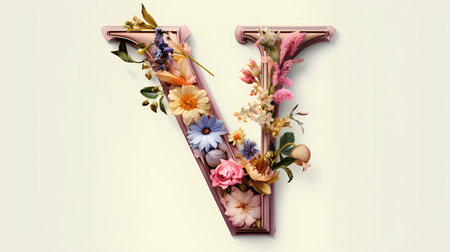 Letter V made of flowers. Floral font. 3d renderingの素材