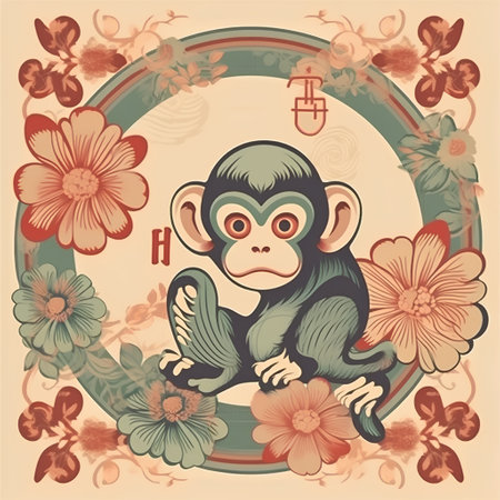 Chinese zodiac monkey in a circle of flowers. Vector illustration.の素材