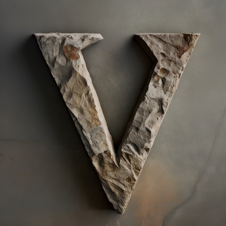 Stone letter v uppercase. 3d render cracked stone font.の素材