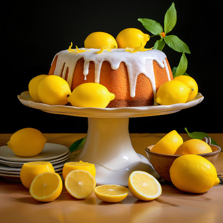Lemon bundt cake with icing and fresh lemons on a dark backgroundの素材