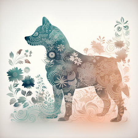 Dog silhouette with floral ornament. Vector illustration. Grunge background.の素材
