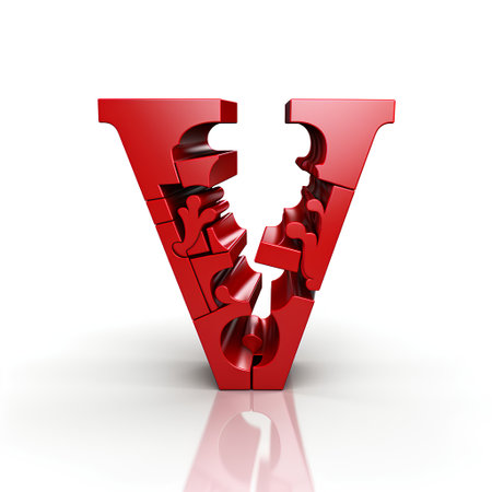 3d red letter V made of puzzle pieces isolated on white backgroundの素材