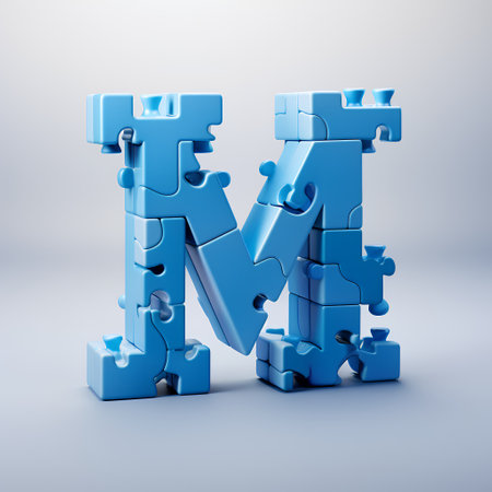 Puzzle letter M uppercase. 3D rendering of glossy blue jigsaw font isolated on white backgroundの素材