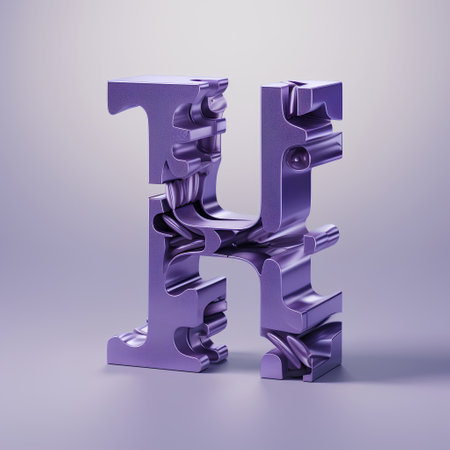 Purple metal letter H lowercase. 3D rendering font isolated on violet backgroundの素材