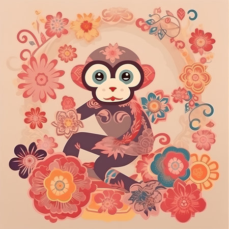 Cute monkey on floral background. Vector illustration for your design.の素材