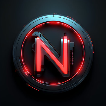 N letter in red neon circle on dark background. 3d renderingの素材