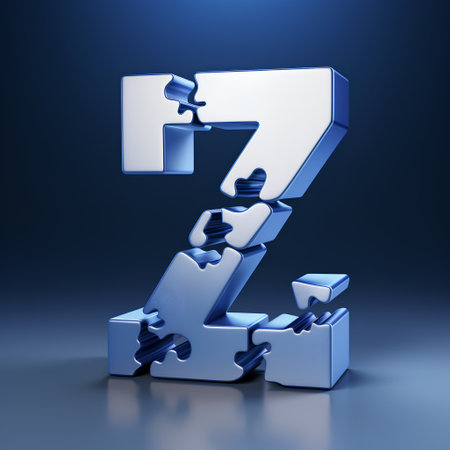 3D render of metallic puzzle letter Z isolated on dark blue backgroundの素材