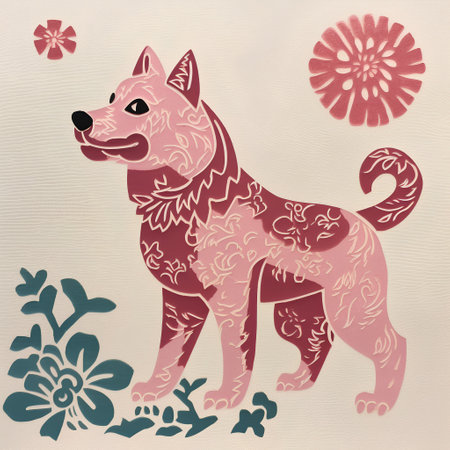 Japanese dog with floral pattern on fabric background. Vector illustration for your designの素材