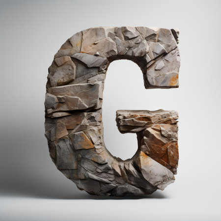 Stone letter G uppercase. 3D rendered font with cracked stone texture isolated on white background.の素材