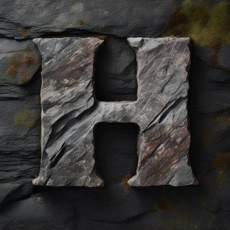 Rock letter H. 3d render. Font on stone background.の素材