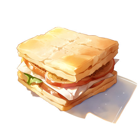 Watercolor illustration of a sandwich with cheese, tomato and lettuce.の素材