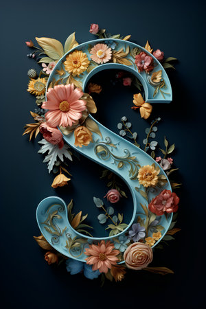 Floral capital letter S in blue with flowers and leaves. 3d renderの素材