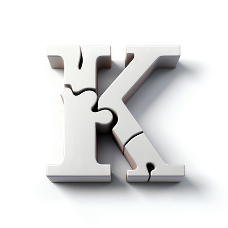 Puzzle letter K, 3d render of metallic puzzle font with shadowの素材