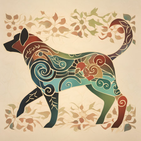 Abstract dog with floral ornament on textured background. Vector illustration.の素材