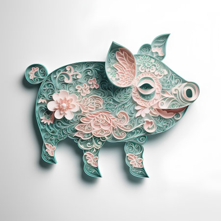 Pig with floral ornament. Traditional Chinese paper-cut works.の素材