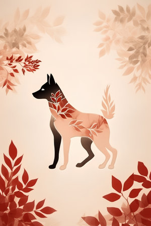 Illustration of a dog with autumn leaves on a light background.の素材