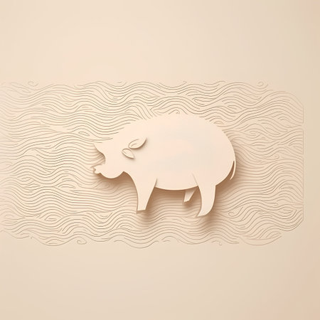 Paper cut pig on a beige background. Paper art style.の素材
