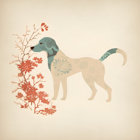 Retro style vector illustration of a dog with flowers and leaves.の素材