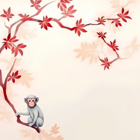 Monkey sitting on a tree branch with red leaves, vector illustrationの素材