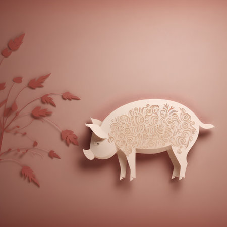 Paper cut pig with autumn leaves background. Paper art style. Vector illustration.の素材