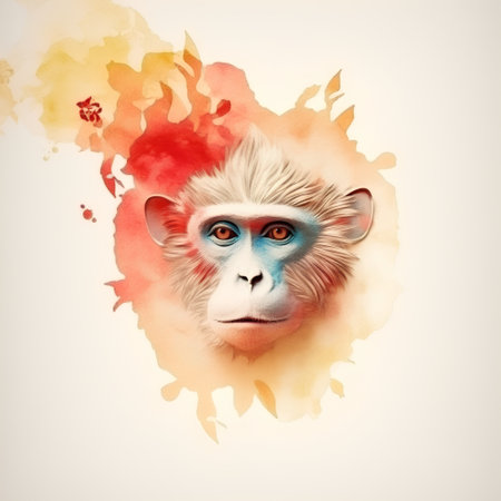 Portrait of a monkey with watercolor background. Retro style.の素材