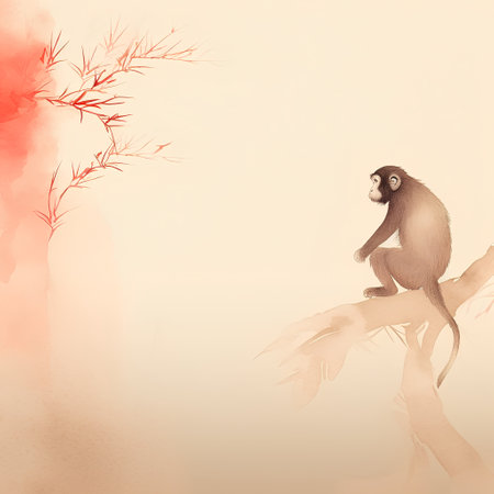 Monkey on a branch. Watercolor background. Hand drawn illustration.の素材
