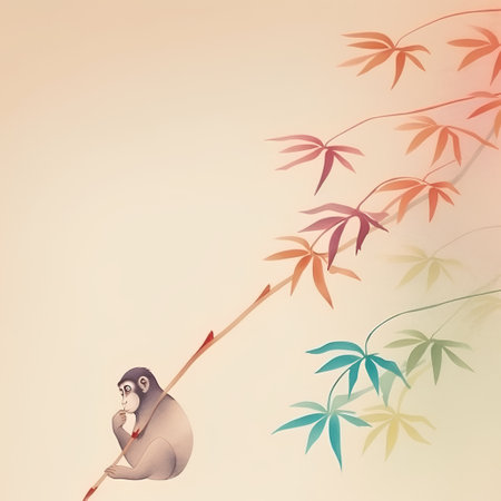 Monkey on bamboo branch with maple leaves background, vector illustration.の素材