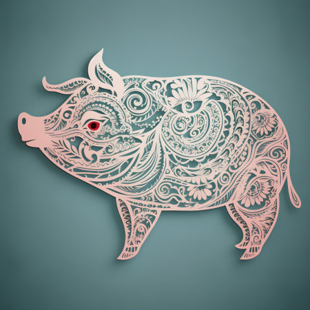 Stylized vector illustration of a stylized pig on a blue backgroundの素材