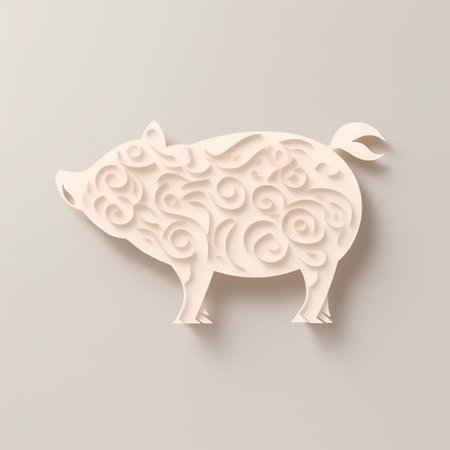 Paper cut pig with floral ornament on white background. 3d renderingの素材