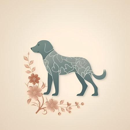 Illustration of a dog with floral pattern on a beige backgroundの素材