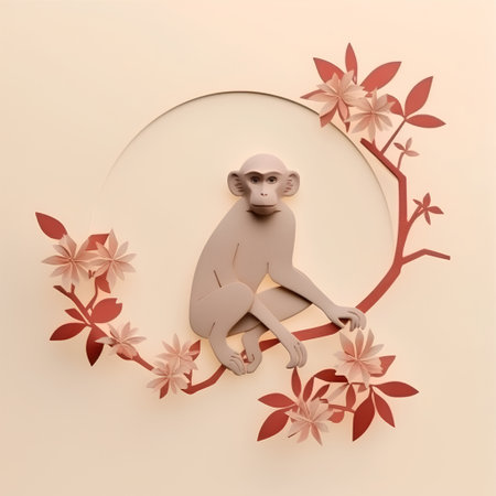 Monkey figurine in a round frame with leaves and flowers.の素材