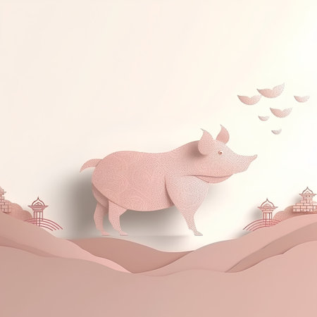 Chinese New Year of the Pig. Paper cut style. Vector illustration.の素材
