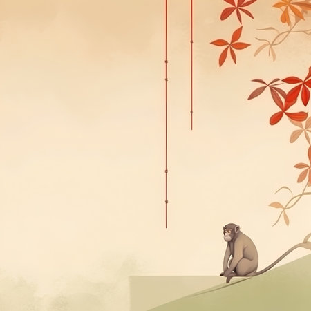 Monkey sitting on the edge of a cliff with autumn leaves backgroundの素材