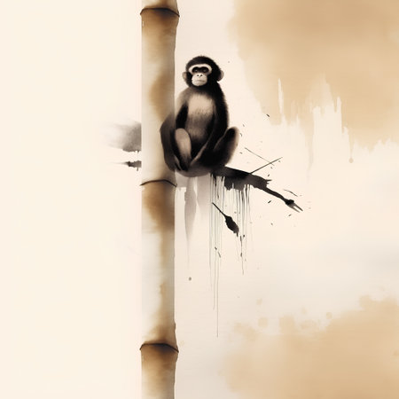 Monkey sitting on bamboo branch. Watercolor painting. Hand drawn illustration.の素材