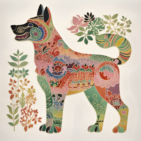 Vector illustration of a dog in the style of Russian folk art.の素材