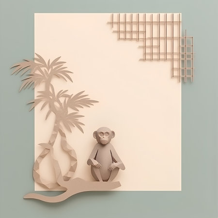 Monkey sitting on a palm tree. Paper cut style. Vector illustration.の素材