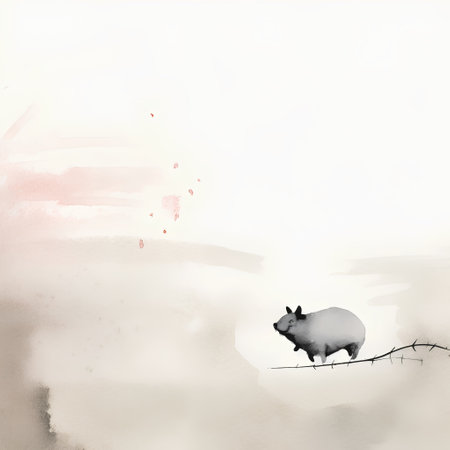 Watercolor illustration of a pig standing on a fence in the countrysideの素材