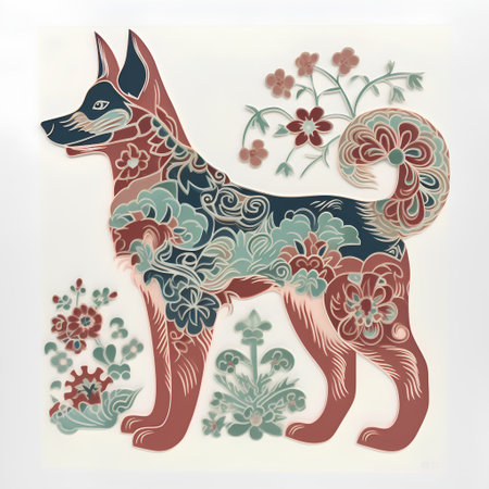 Vector image of a dog with floral ornament on the white background.の素材