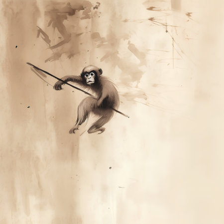 Monkey on a wooden stick. Drawing on paper. Toned.の素材