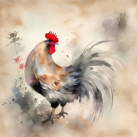 Hand drawn watercolor rooster on old paper. Vector illustration.の素材