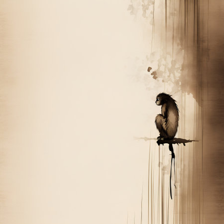 Grunge background with a monkey sitting on a tree branch.の素材