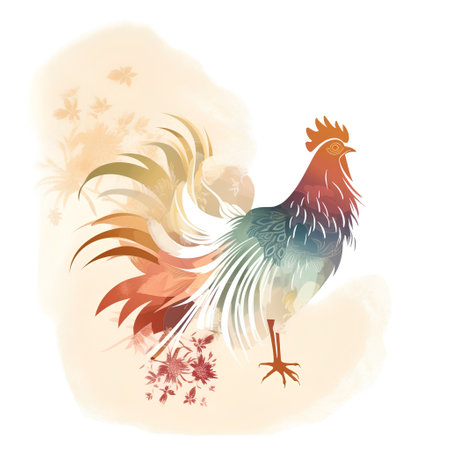 Beautiful rooster. Hand drawn vector illustration on a watercolor background.の素材